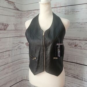 Black Leather Cropped Halter Vest Zip Front New With Tags